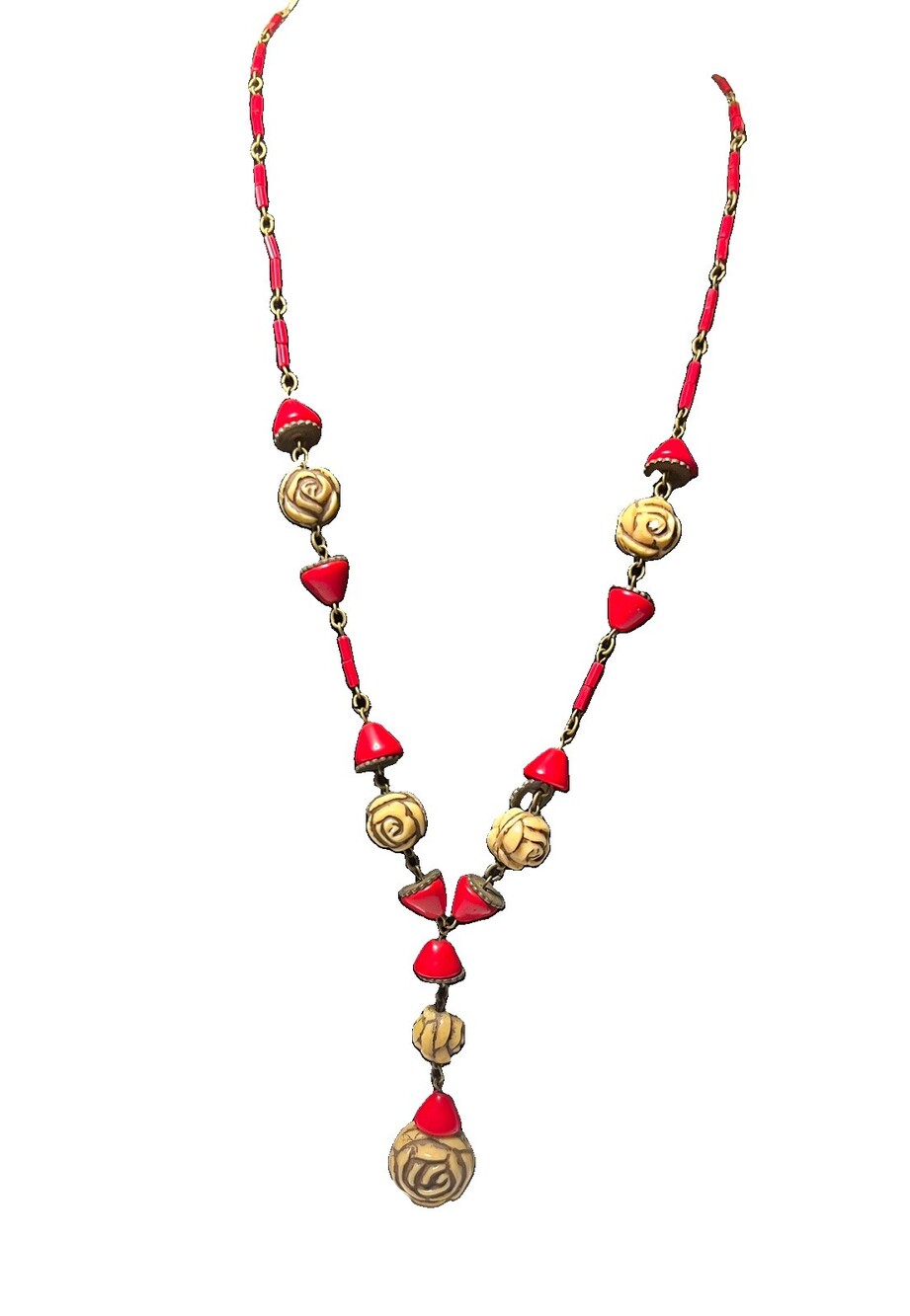 Czech Deco Neiger Lavalier Necklace Glass Beads Egyptian Revival Red Brown Rose